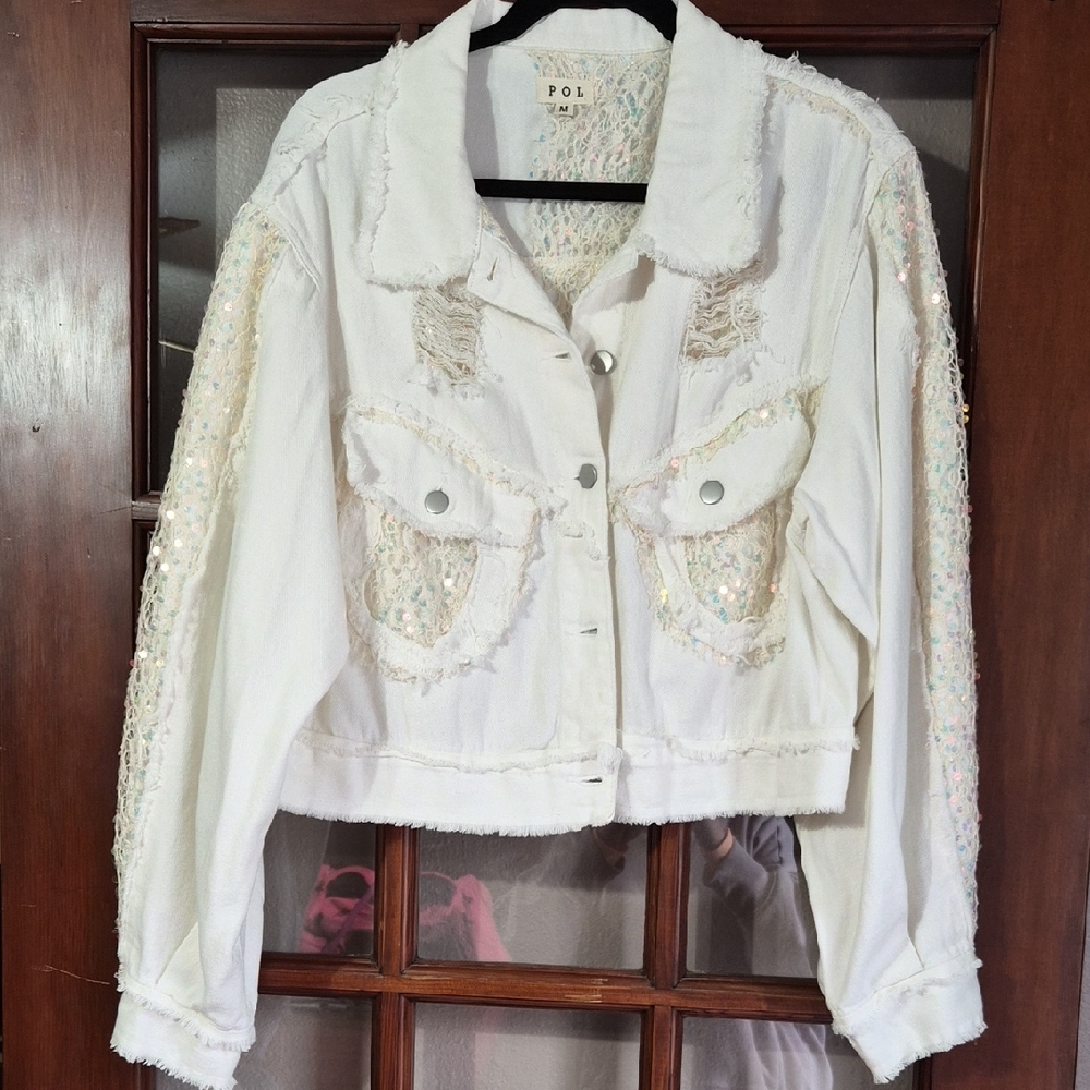 POL Sequin-Trim Distressed Cropped Jean Jacket